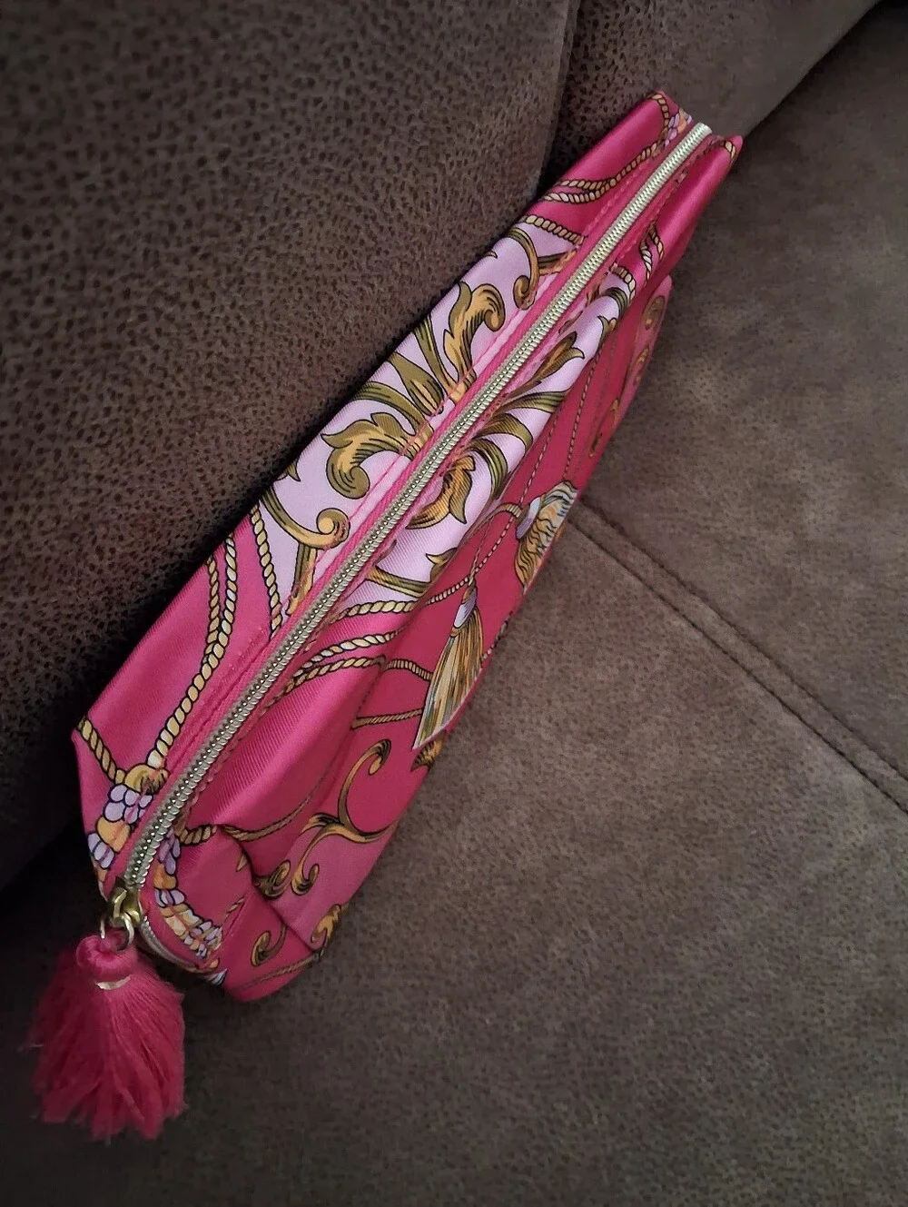 Estee Lauder Pink And Gold Tassel-Accent Printed Cosmetic Pouch